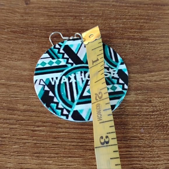 WAXHOUSE Teal Black Geometric Tribal African Wax Print Round Drop Earrings - Picture 4 of 5